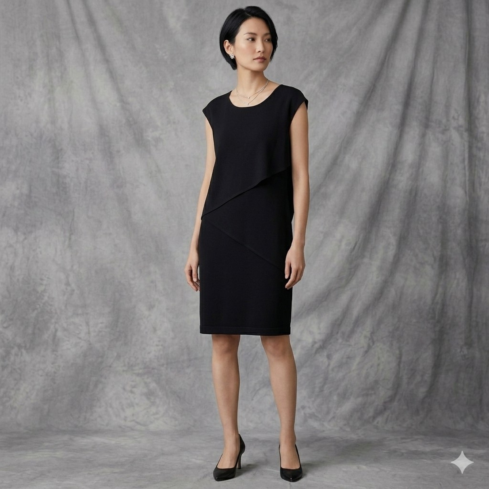 Lafayette 148 Asymmetrical Tiered Dress M Black Ponte Luxe Knit Minimal Upscale